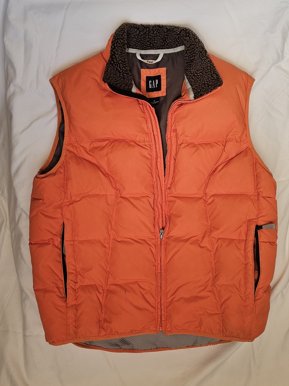 GAP Men’s Orange Puffer Vest with Sherpa Collar